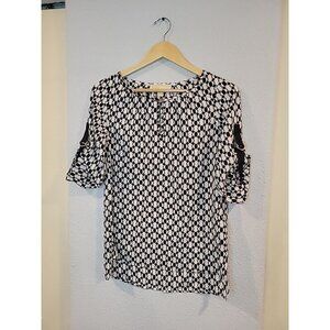 Michael Kors Michael Black & White Geometric Blouse / Roll Tab‎ Sleeves/Size XS